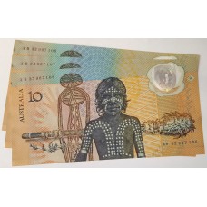 AUSTRALIA 1988 . TEN 10 DOLLARS BANKNOTES . FRASER/JOHNSTON . CONSEC TRIO . LAST PREFIX AB33